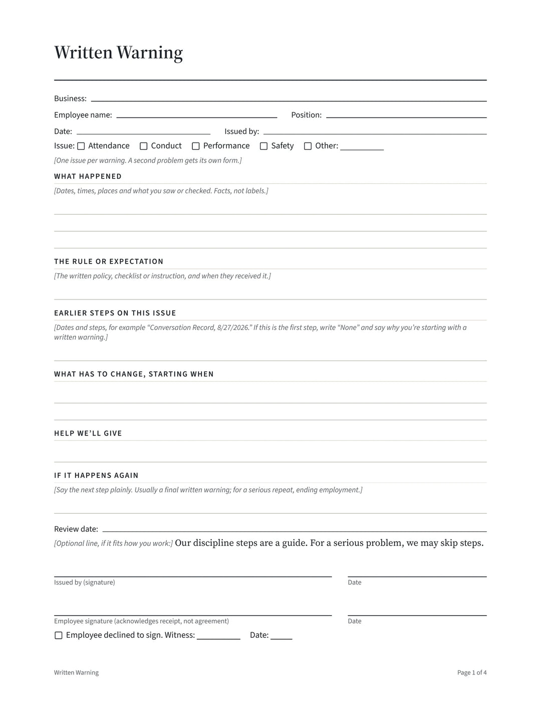 The Written Warning template, blank