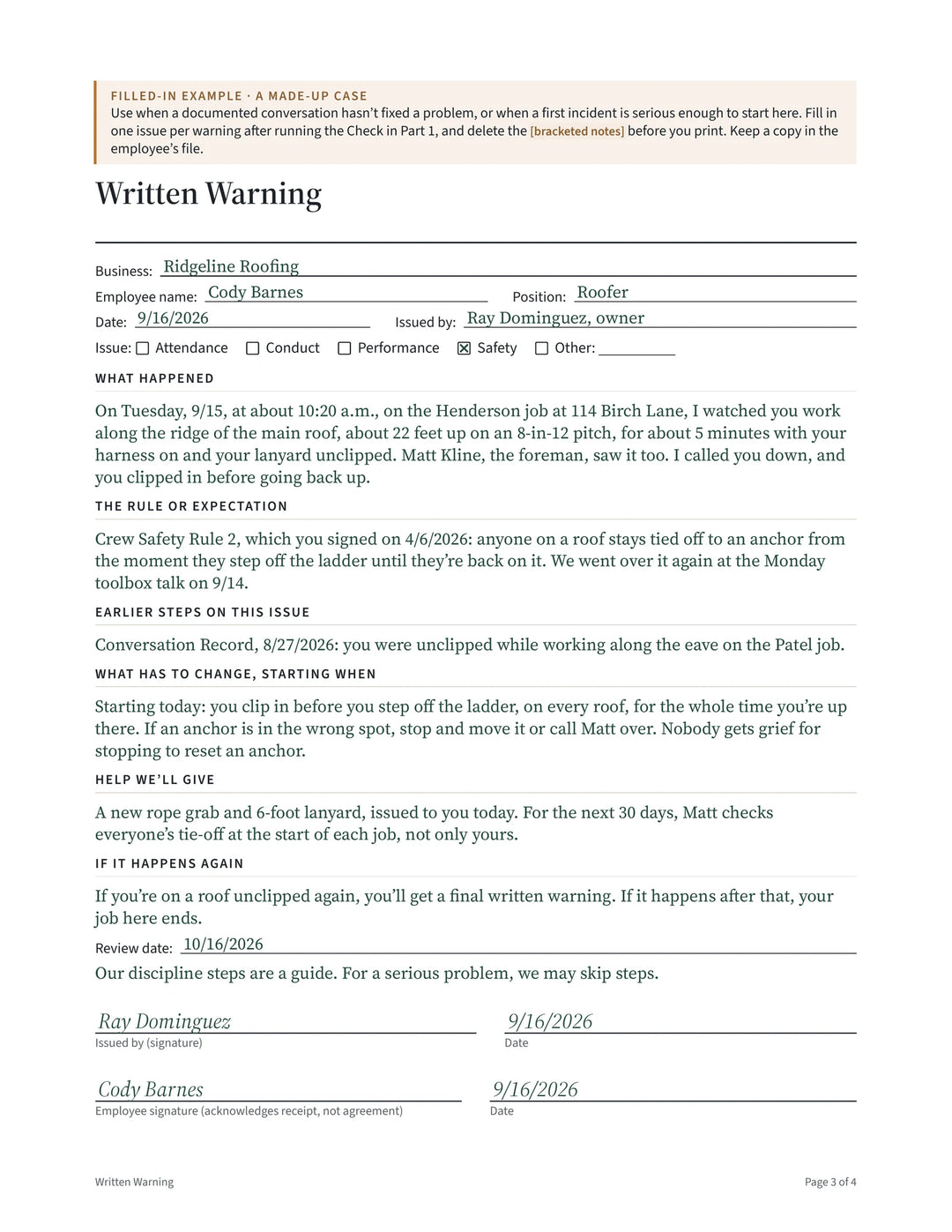 The Written Warning from the Paper Trail, filled in for a made-up case
