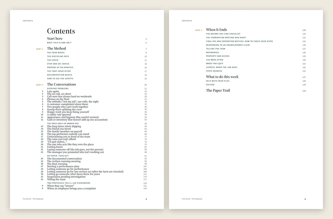 The Playbook’s contents, two pages: the method, the 32 conversations in three groups, the two protocols and Part 3