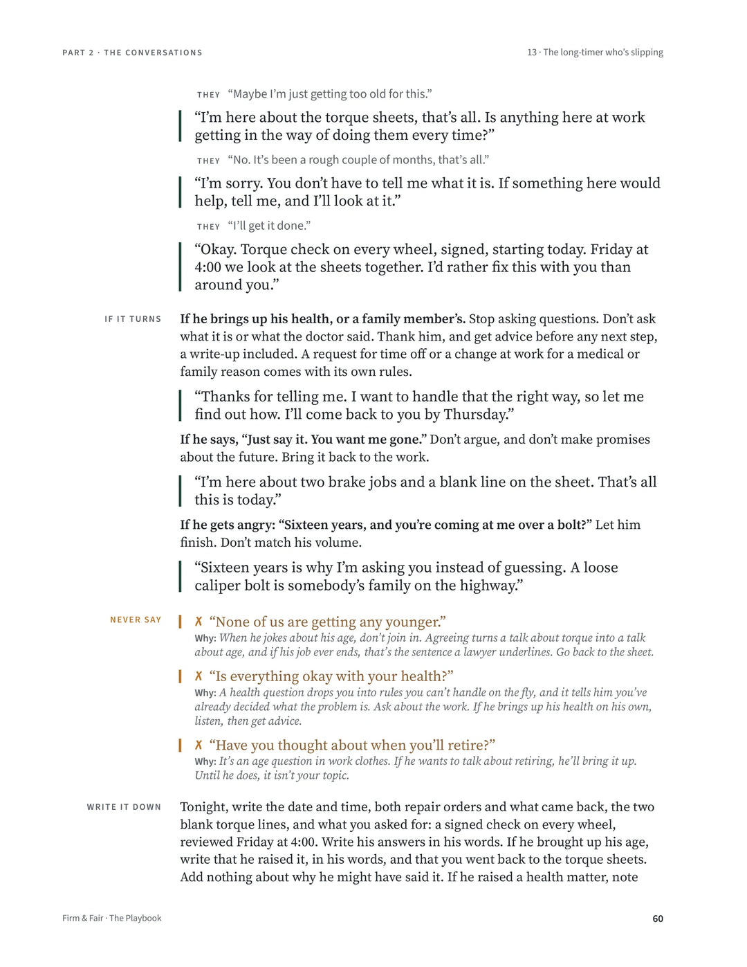 Script 13, The long-timer who’s slipping, Playbook page 60