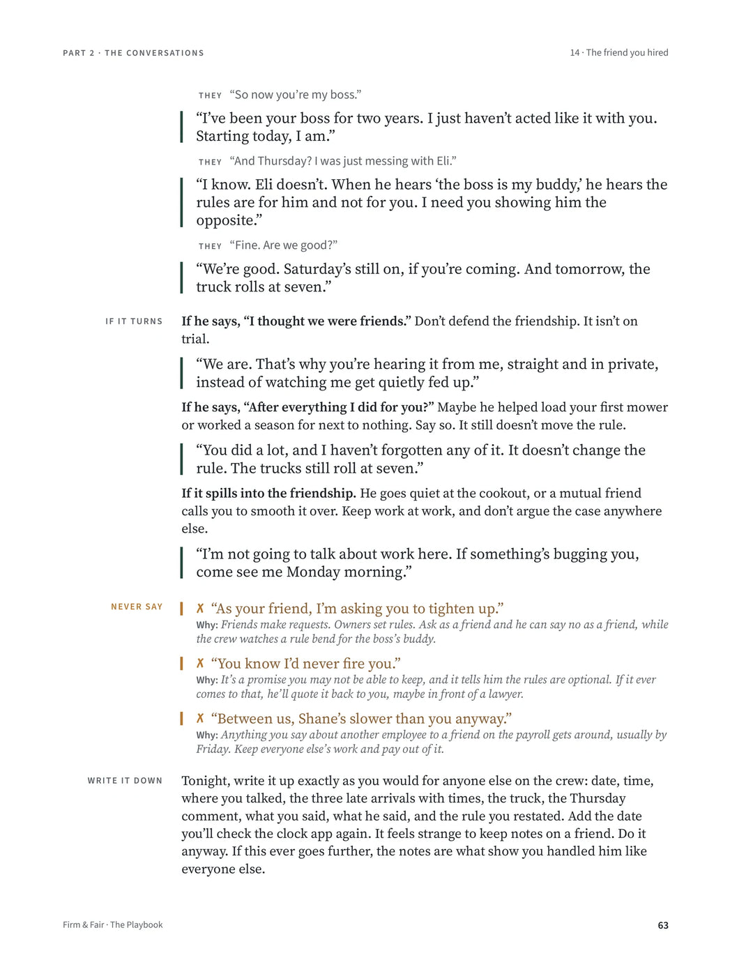 Script 14, The friend you hired, Playbook page 63