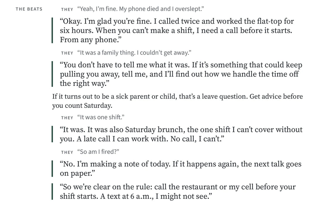 The beats of Script 2, The no-call, no-show, as printed in the Playbook