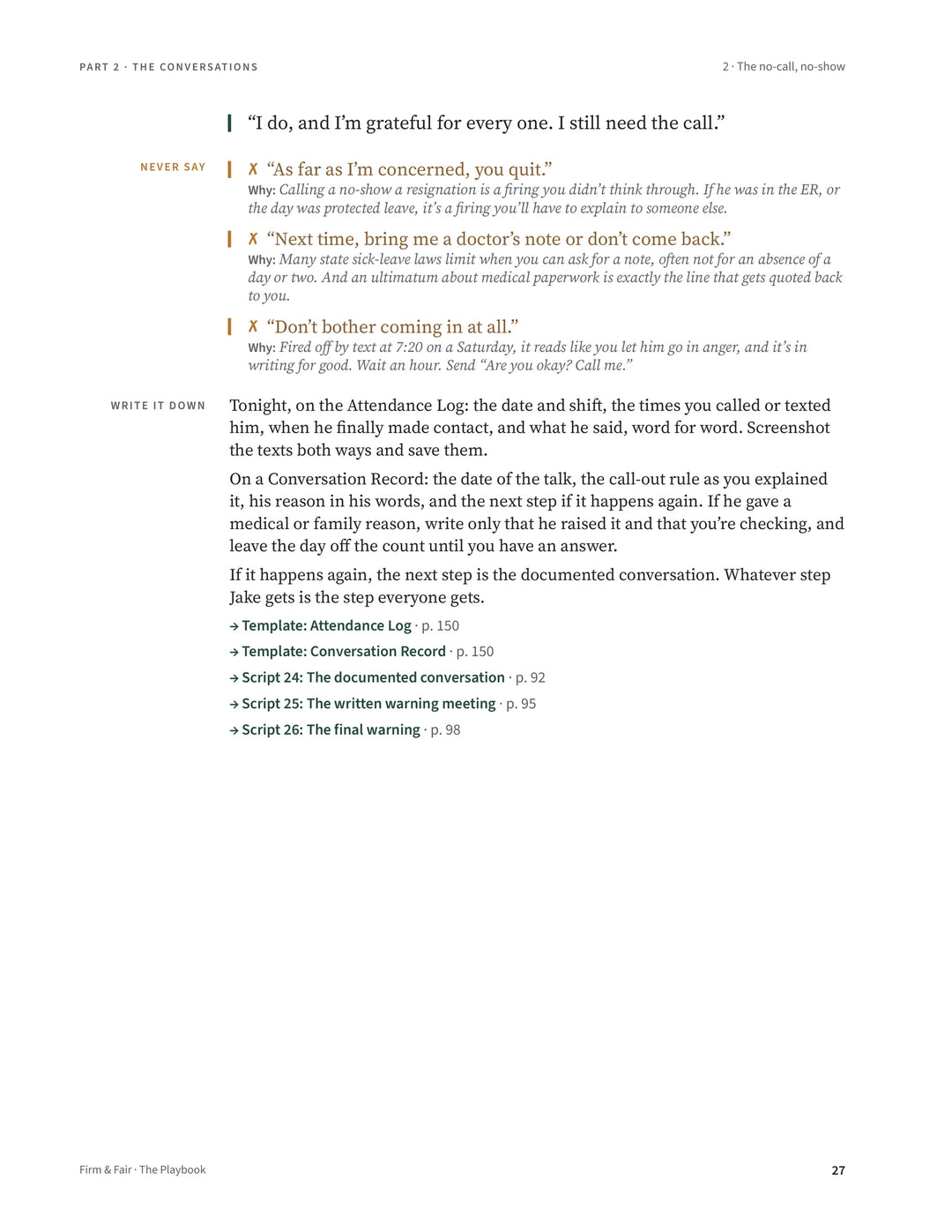Script 2, The no-call, no-show, Playbook page 27