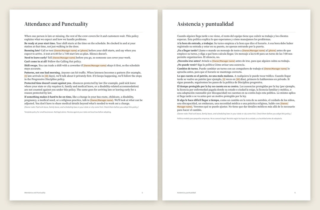 A policy from the Policy Pack, the English page and the Spanish page