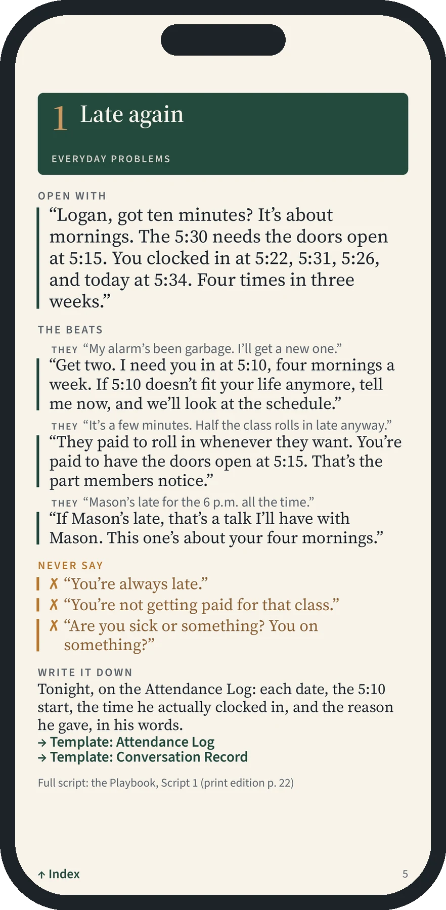 Quick Card 1 on a phone: the opening line, the beats, what never to say and what to write down